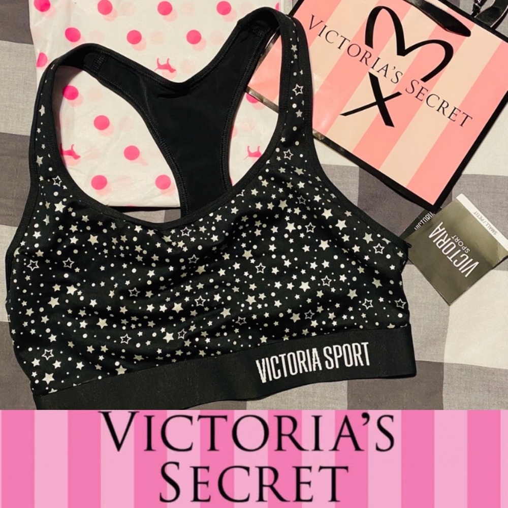 🆕 Victoria Secret Silver Stars Black sports bra